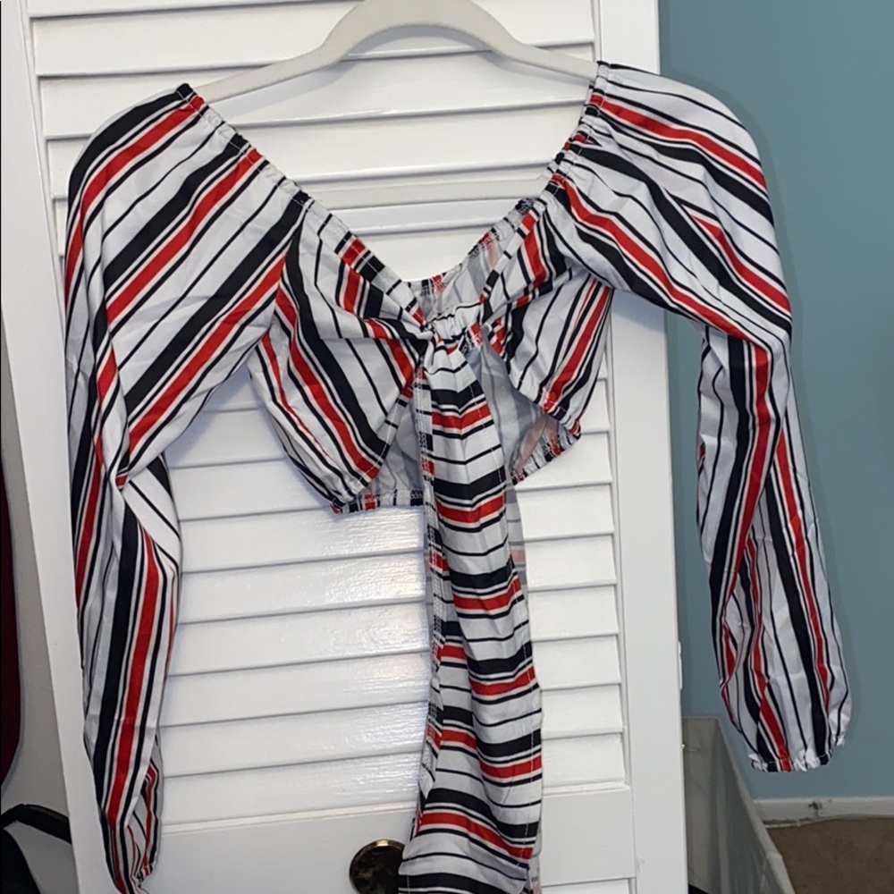 Striped Front-Tie Long Sleeve Top